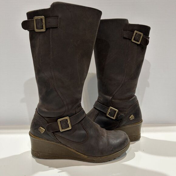 Keen of Scots Brown Nubuck Leather Wedge Riding Boots Buckle Zip Up Women's 8.5 - Picture 1 of 16